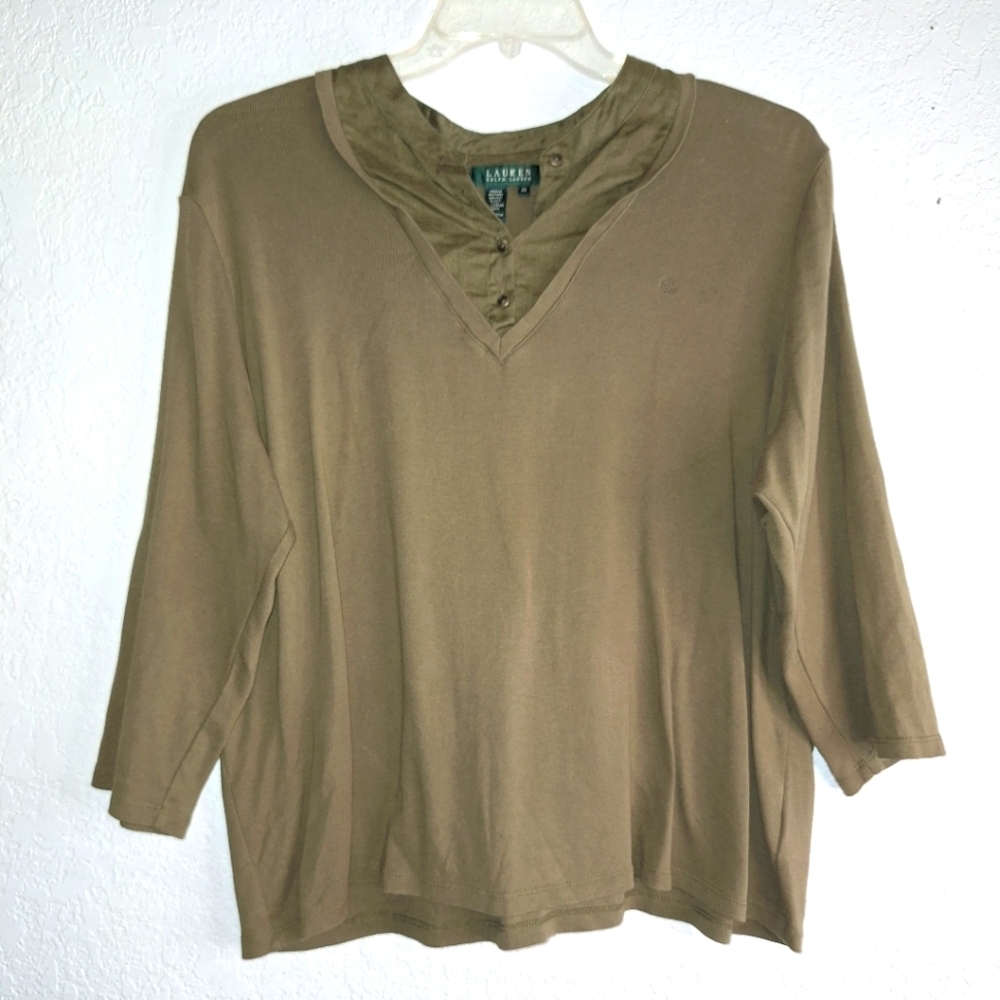 LAUREN Ralph Lauren Olive Green 100% Cotton Long Sleeve V-neck Sweater 3X